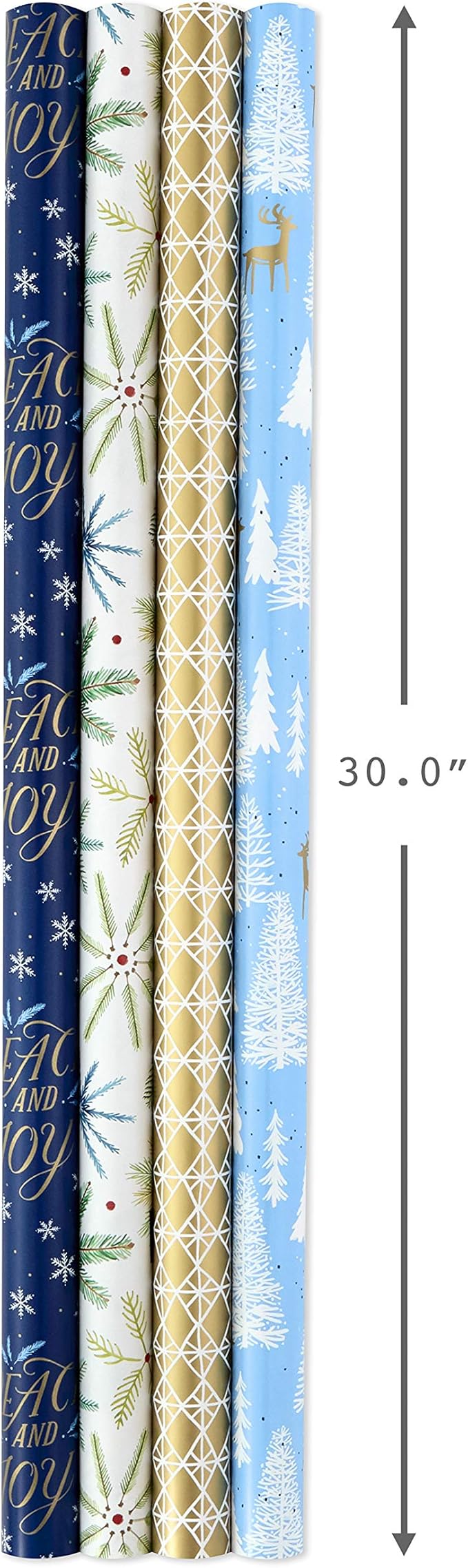 Hallmark Holiday Wrapping Paper Bundle with Cut Lines on Reverse, Elegant Woodland (Pack of 4, 120 sq. ft. TTL) Peace and Joy, Deer, Pinecones, Snowflakes, Blue, Gold