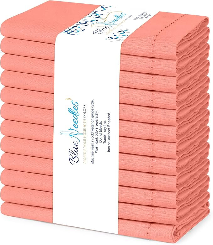 Blue Needles Set of 12 Hemstitch Linen Napkins 100% Cotton Salmon Cloth Dinner Napkins 18x18 inches, Soft, Reusable, Absorbent, Washable, Ideal for Fall Thanksgiving Events, Parties & Everyday Use