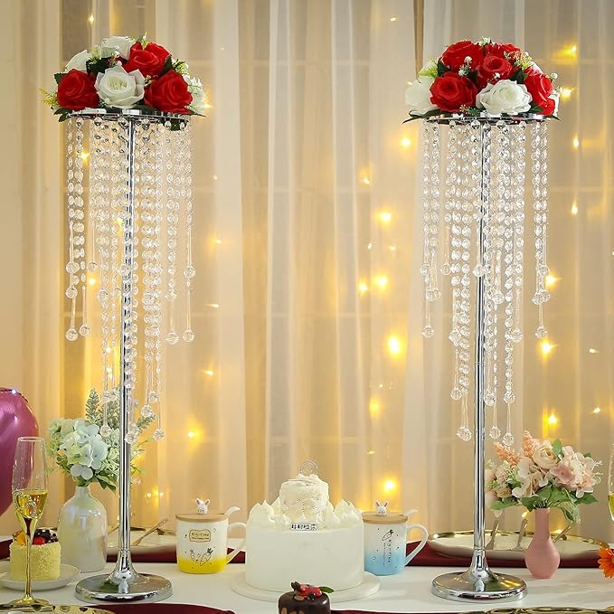 10 Pcs Tall Elegant Wedding Centerpiece Stand, Silver Metal Flower Candle Holder with Chandelier Crystal,for Wedding Party Event Birthday,Valentine's Day Home Décor，29.5in