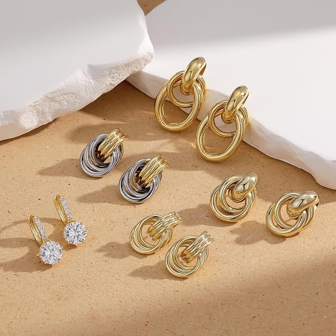 Knot Link Earrings, Chunky Circle Drop Dangle Studs Two Tones Mix-colred Earrings