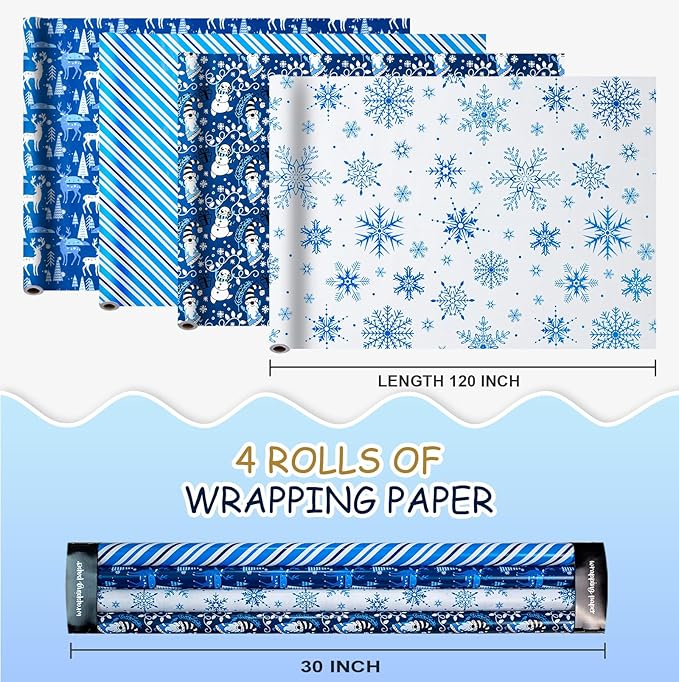 MAYPLUSS Christmas Wrapping Paper Jumbo Rolls - 30IN X 120IN - 4 Roll - Christmas Tree Reindeer Snowman Stripe for New Year Holiday Party Kids