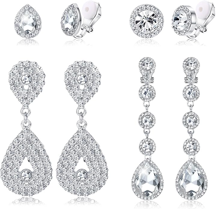 Jstyle 4 Pairs Silver Clip on Earrings for Women Elegant Rhinestone Clip on Earrings Dangle Drop for Brides Bridesmaids Non Pierced Earrings Set