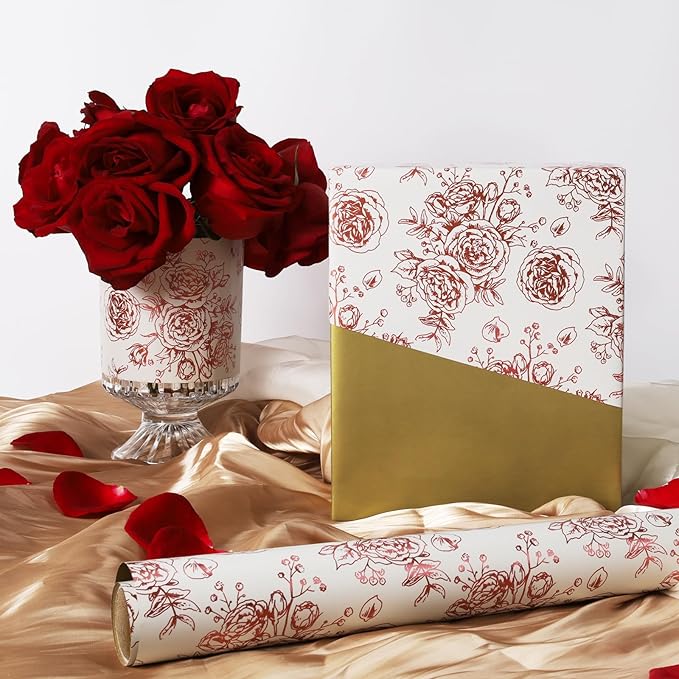 LaRibbons Reversible Floral Wrapping Paper Roll, 17Inch x 33 Feet (46.7 Sq. Ft) – Double-Sided Rose Gold Foil Design for Wedding, Mother’s Day, Bridal Shower & Birthday