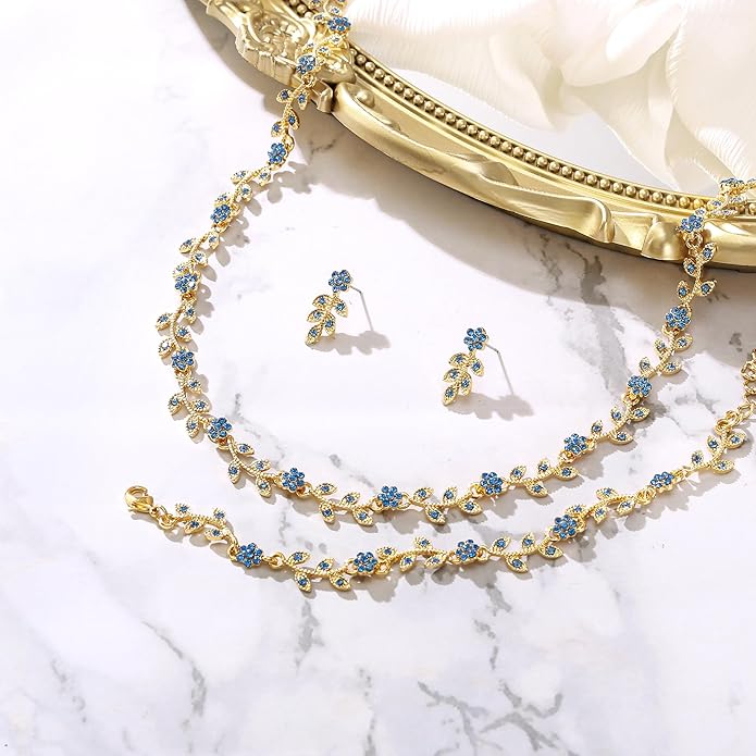 BriLove Wedding Jewelry Set for Women Bride, Gorgeous Stunning Crystal Flower Leaf Cluster Choker Necklace Link Bracelet Stud Earrings Bridal Bridesmaid