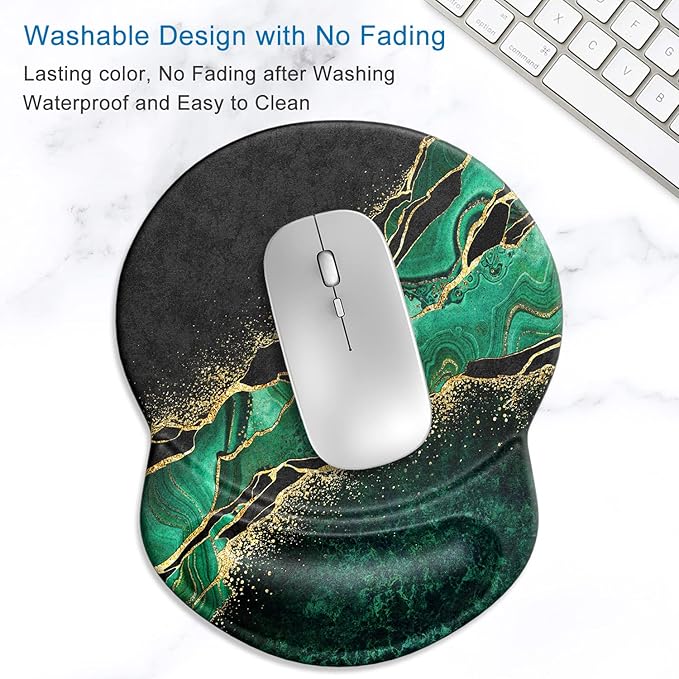 ITNRSIIET Ergonomic Mouse Pad with Gel Wrist Support Small Wrist Rest Smooth Surface Non-Slip PU Base Comfortable Office Supplies Pain Relief, 8.7 x 7.2 inches, Green Marble Gold