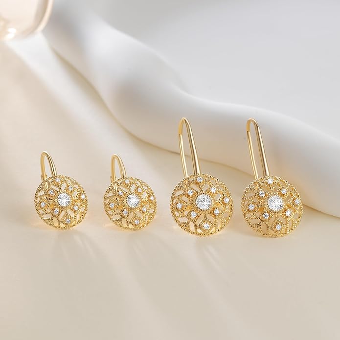 Eloqueen 14K Gold Drop Earrings Dangle Earrings for Women Leverback Dangle with Cubic Zirconia with Engraved Details 14K Gold Earring for Women 14/16mm