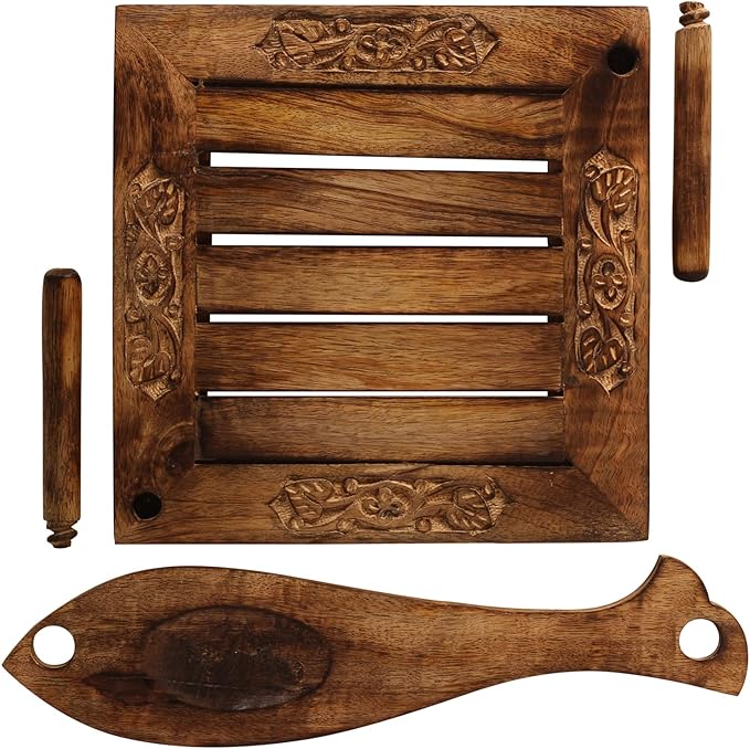 eTroves Wooden Napkin Holder Flat Tray Weighted Fish Shape Bar on Top With Toothpick Holder, 8 Inch, Brown