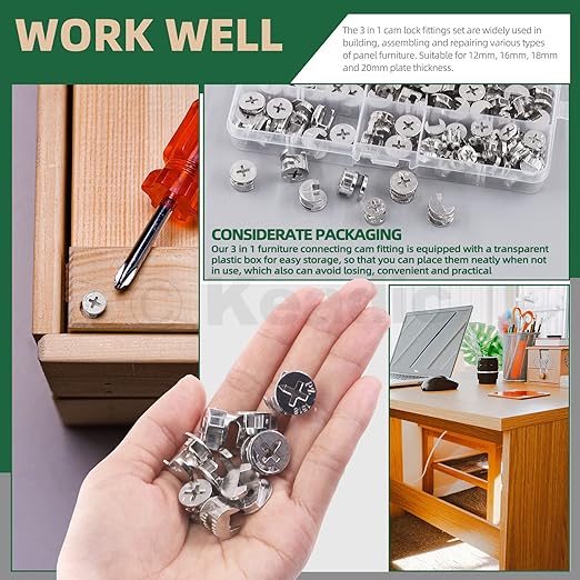 Keadic 100 Pcs 4 Sizes Cam Locks for Furniture, 3-in-1 Eccentric Wheels, Furniture Cam Lock Nuts Furniture Connecting Cam Lock Fittings Assortment Kit for Wardrobe Drawer Closets Bed