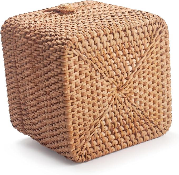 Rattan Tissue Box Cover Natural Woven Facial Napkin Holder Square with Lid 5.7 x 5.7 x 5.5 Inch (Natural)