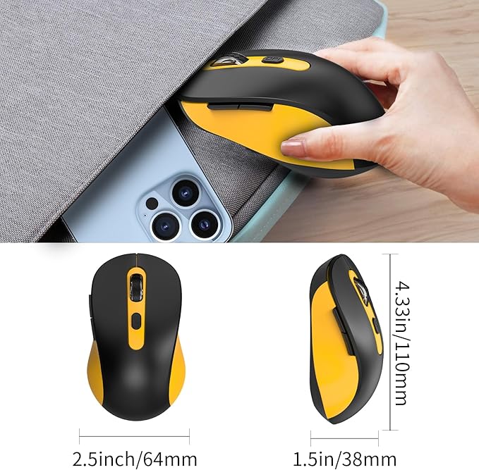 Wireless Mouse for Laptop, PC, Chromebook, Mac, MacBook, Silent Wireless Mouse with USB Nano Receiver, Side Button, 2400 DPI, Anti Slip Roller, 6 Button Ergonomics Cordless Computer Mice -Black Yellow