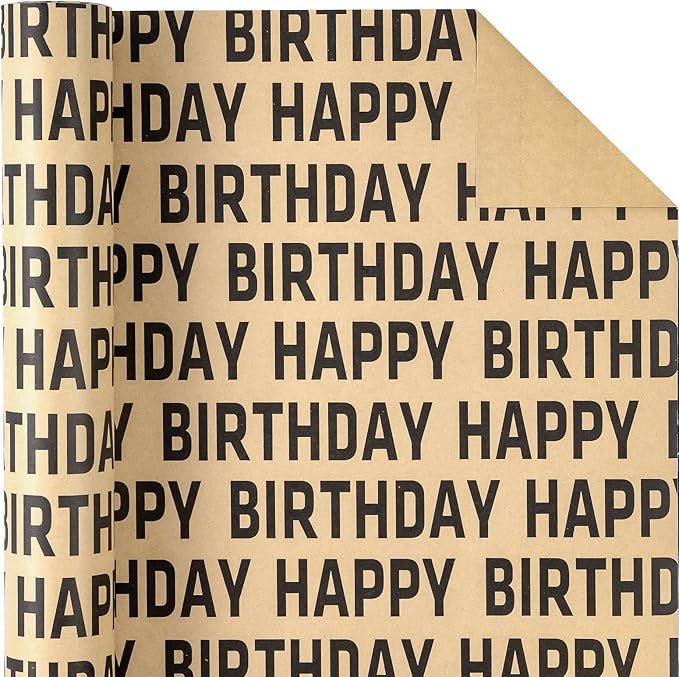 WRAPAHOLIC Kraft Birthday Wrapping Paper Roll - Mini Roll - 17 Inch x 33 Feet - Black Happy Birthday Wrapping Paper for Men Women Party Celebration