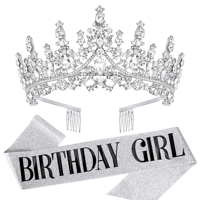 Velscrun Silver Birthday Tiara Crowns for Women Girls Elegant Princess Crown with Combs Birthday Girl Headband Sash Happy Birth Party Decorations Birth Gift Cake Topper Hair Accessories
