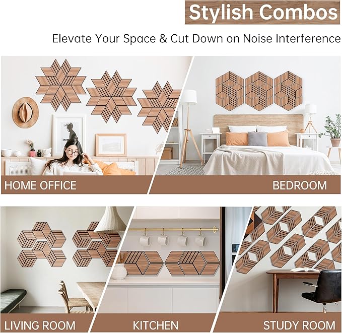 Mollywell Hexagon Acoustic Panels, Walnut TW4, 14x12x0.4 Inch, 12 Pack |Wood Veneer|High Density Sound Proofing Wall Panels|Self Adhesive Sound Dampening Felt Wall Tiles|Home Theater|Gaming Room|