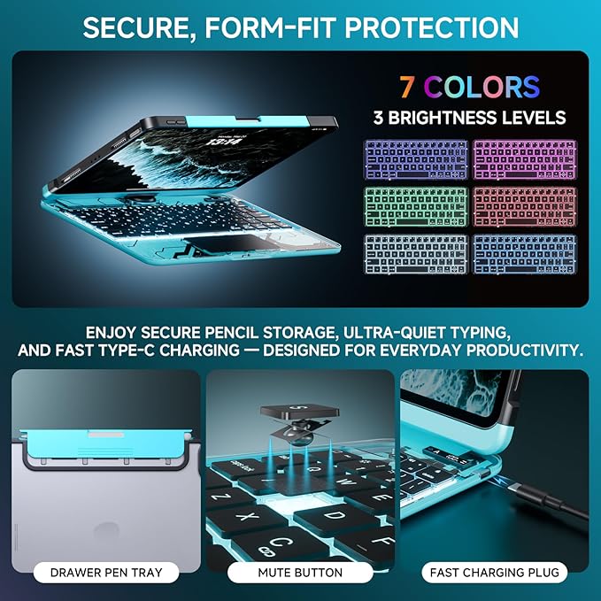 Transparent Case with Keyboard for 2024 iPad Pro 13 inch (M4), iPad Pro 13,7-Color Backlit,Magic Wireless Keyboard, 360°Rotating,Multi-Touch trackpad,Pencil Holder,with Shortcuts,Blue