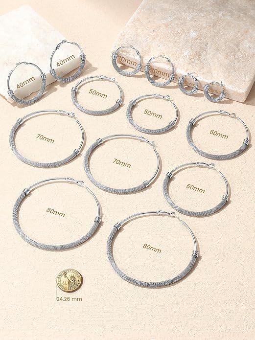 KeyStyle Mesh Hoop Earrings for Women, Stainless Steel Gold Hoops Earring Lightweight Loops, 2MM Thick Hypoallergenic Circle Endless Hollow Hoop 20mm-80mm