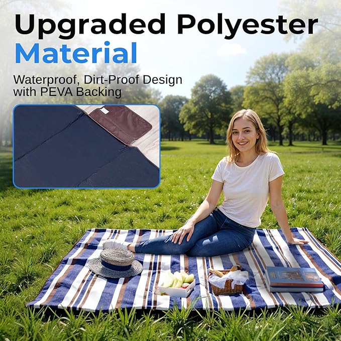 scuddles Extra Large Navy Blue Picnic Blanket Waterproof 3 Layer Polyester Foam and PEVA Mat Foldable Beach Rug with Carry Handle Easy Clean Outdoor Camping Mat for Garden Lawn Park and Travel
