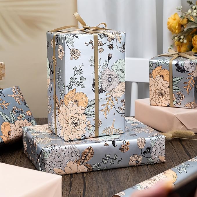 MAYPLUSS Floral Wrapping Paper Roll - 17Inch x 33Feet - Luxury Girly Vintage Flower Pattern Wedding Shower Gift Wrap Paper for Bridal Shower, Girl Birthday, Mother's Day, Engagement and Party