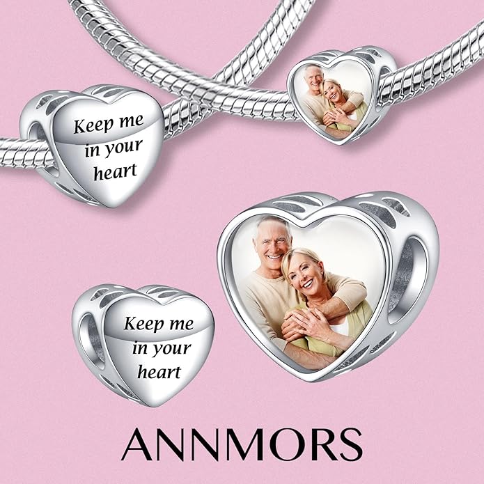 Annmors Personalized Photo Charms For Bracelets/Necklace 925 Sterling Silver Love Heart Shaped Engraved Customize Picture Gift for Birthday Mother's Day,Bead Charms Jewelry for Women