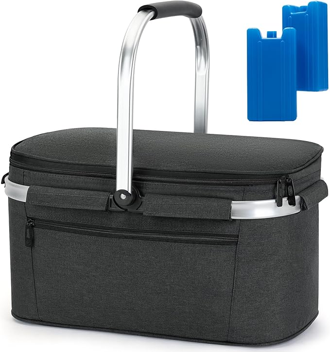 ALLCAMP Picnic Basket - 32L Insulated Cooler, Thickening Foldable Picnic Basket with Removable Baskets & Sewn-in Frame, Basket for House Warming Gifts New Home(Jet Black)