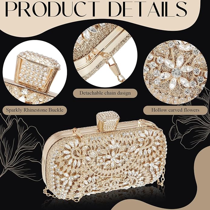 Quelay 4 Pcs Purse Rhinestone Jewelry Set Evening Clutch Bag Bling Crystal Necklace Dangle Earrings Bracelets Accessories