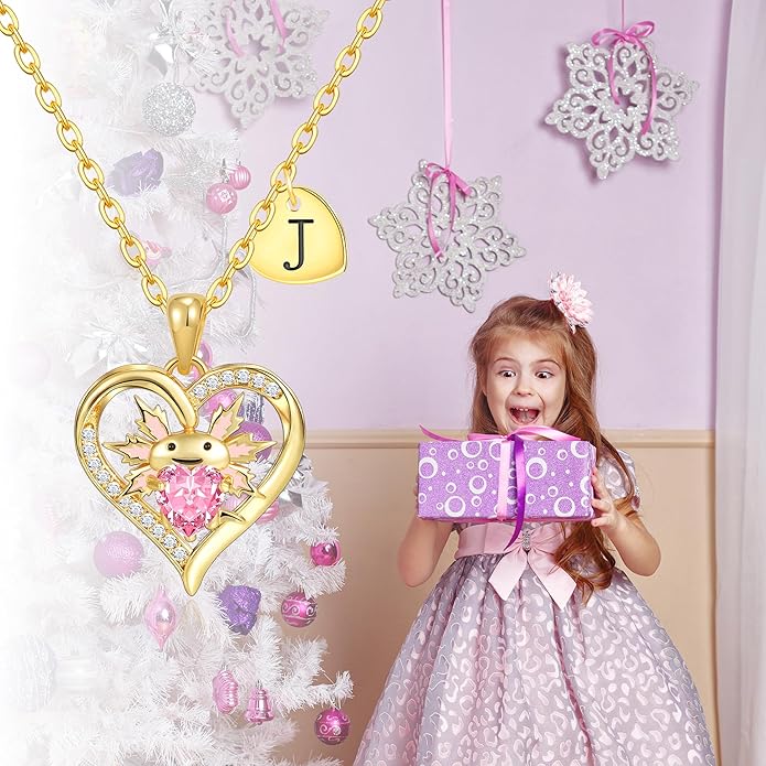 Macate Valentines Day Gifts for Her, 14K Gold Plated Heart Initial Pendant Axolotl Necklace Gold/silver Necklace Valentines Day Birthday Gifts for Women Teen