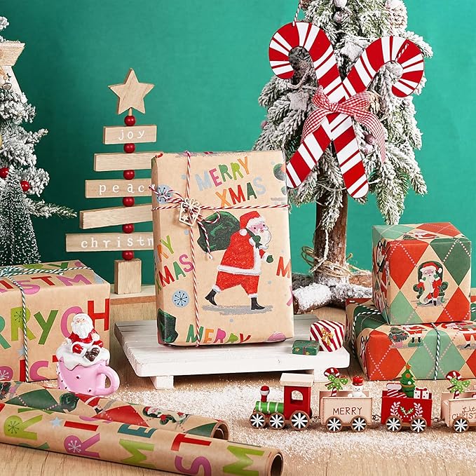 RUSPEPA Christmas Wrapping Paper Roll Set, Mini Rolls, Vintage Santa, Merry Christmas Text and Holiday Scenes Design Gift Wrap for Kids, Adults and Holiday, 3 Rolls, 17 inches x 10 feet per Roll