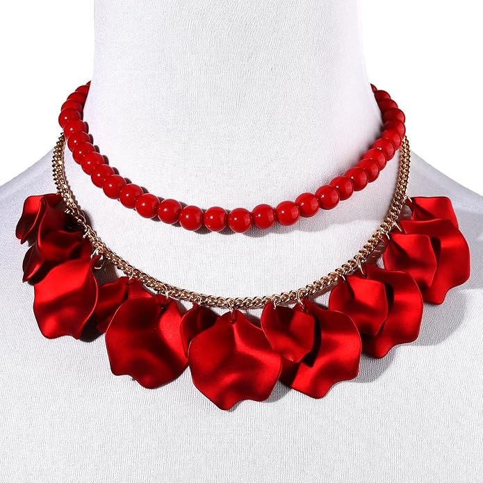 Flower Petal Necklace Earrings Set Layered Statement Beaded Jewelry Set for Women Summer Necklace Earrings