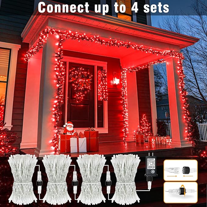 100FT 300 LED Christmas Lights Outdoor, Plug in Christmas String Lights Indoor, Waterproof & 8 Modes & Timer Function, Connectable Fairy Twinkle Light for Bedroom House Patio Wedding Decor, Red