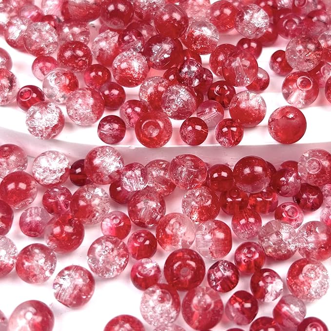 300pcs Crackle Glass Beads, 6mm and 8mm Red Crystal Glass Beads Round Loose Spacer Bulk Beads for DIY Craft Earring Necklace Bracelet Jewelry