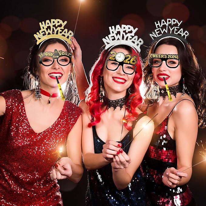 36Pcs 2026 New Year Eve Party Supplies,Happy Next Year Headband Tiara,News Year Eyeglasses Prop,Fringed Noise Makers for 2026 New Years Party Favors