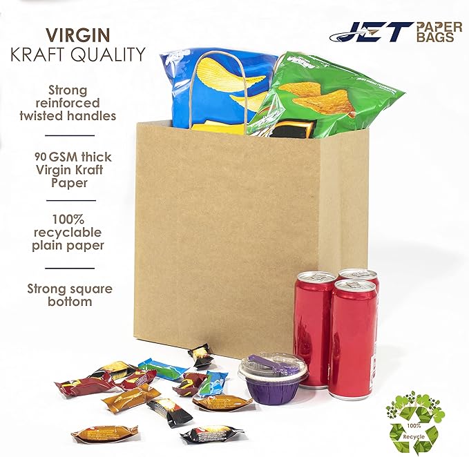 JET PAPER BAGS - Brown Paper Bags with Handles 11x7x12 Inch [25 Pcs] Prime for Takeout, Grocery, Goody, Retail, Party, Gifts, Weddings