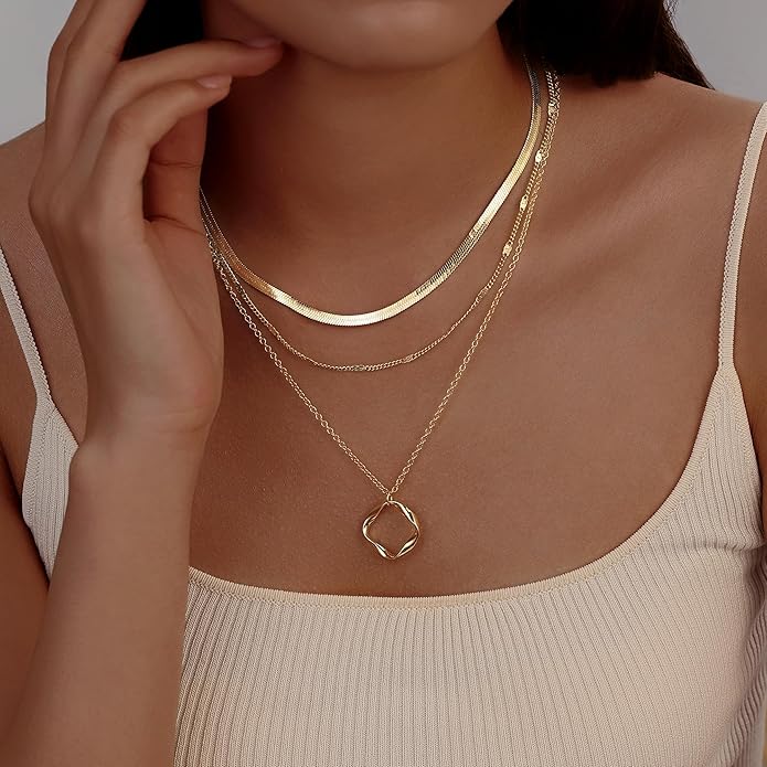 Evabelle Gold Layered Necklace for Women Trendy Jewelry 14K Real Gold Plated Chunky Chain Stackable Necklaces Dainty Choker Necklaces Rectangle Square Pendant