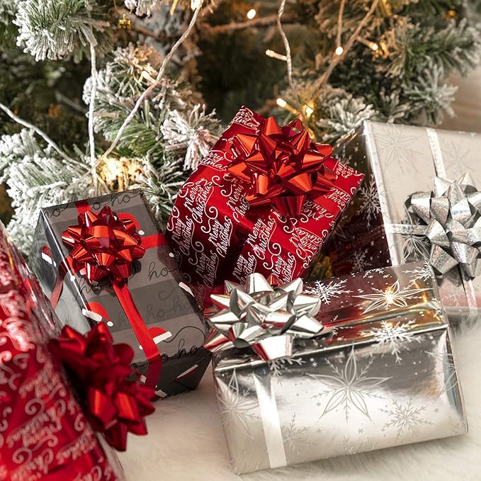 WRAPAHOLIC 30 Inch Christmas Wrapping Paper Roll - Jumbo Roll Black and Red Retro HO HO HO Santa, Silver Snowflake Holiday Collection with Metallic Foil Shine - 4 Rolls - 30 Inch x 120 Inch Per Roll
