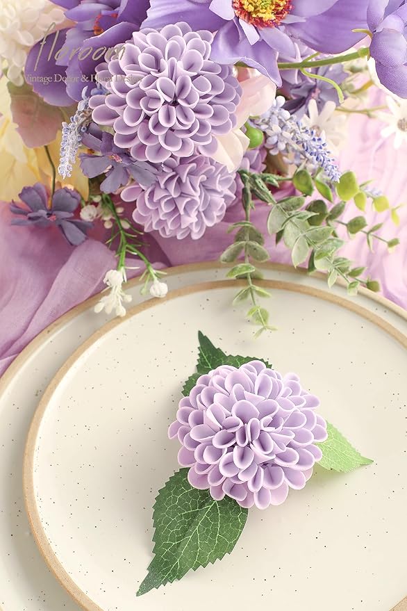 Floroom Artificial Dahlia Flowers 25pcs Real Looking Lilac Foam Fake Roses with Stems for DIY Wedding Bouquets Bridal Shower Centerpieces Floral Arrangements Party Tables Home Decoration