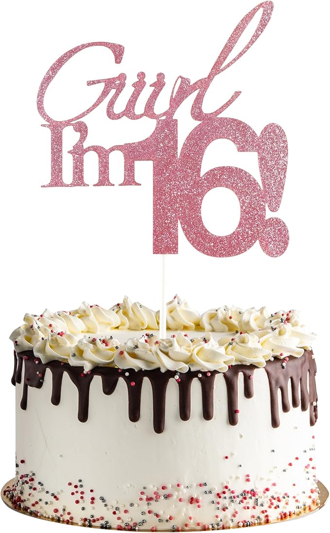 Giiirl I'm 16 Cake Topper - Pink Glitter Sweet 16 Birthday Decorations for Girls, Funny 16th Party Supplies for Teens, Girly I'm 16 Cake Decor (Giiirl I’m 16！, 16th)