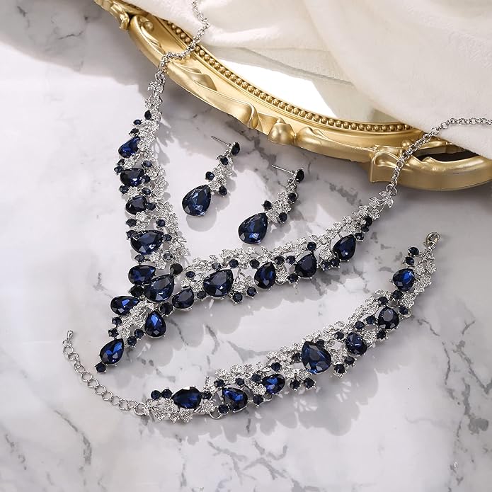 BriLove Women's Wedding Bridal Austrian Crystal Teardrop Flower Cluster Statement Necklace Dangle Earrings Jewelry Set for Party Prom