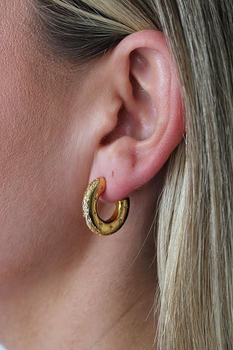 Chunky Gold Hoop Earrings – 18K Gold Plated Hoops with Moon & Star Celestial Details – Bold, Lightweight Earrings for Women by Malibu Sunday