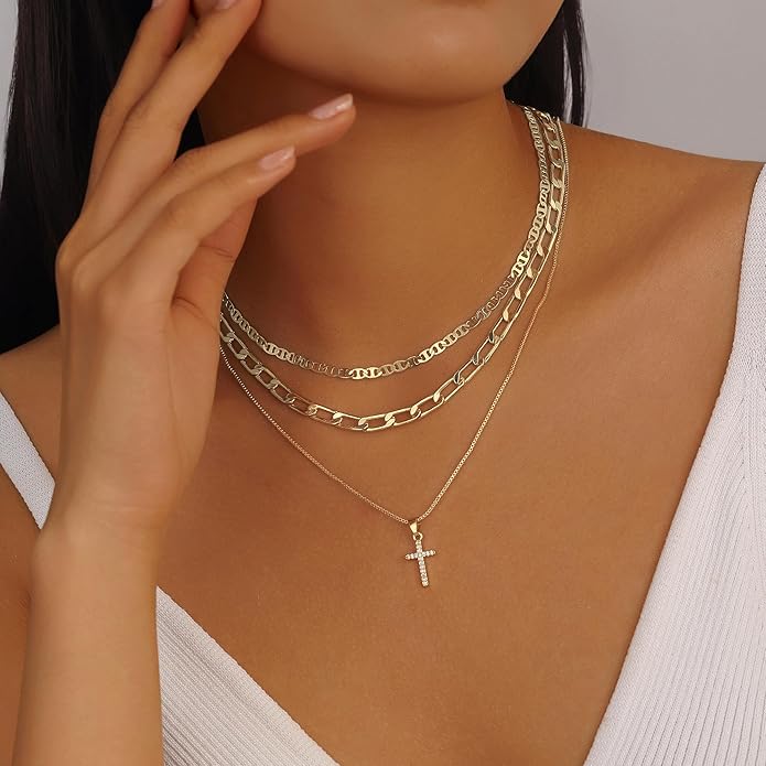 Evabelle Gold Layered Necklace for Women Trendy Jewelry 14K Real Gold Plated Chunky Chain Stackable Necklaces Dainty Choker Necklaces Rectangle Square Pendant