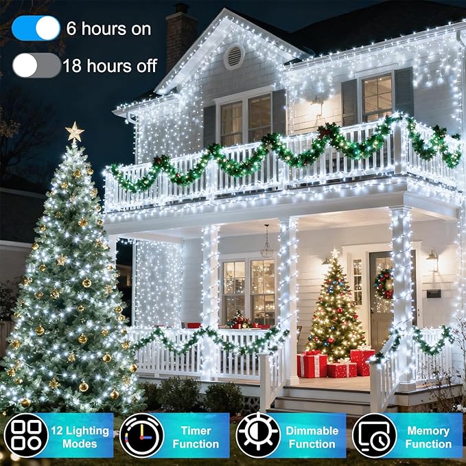 340 LED 90FT Christmas String Lights Outdoor, 12 Pro Modes and Timer Memory & Brightness, Plug in Outdoor Waterproof Clear Wire Twinkle Light for for Xmas Yard Tree Wedding Party Decor (Cool White)