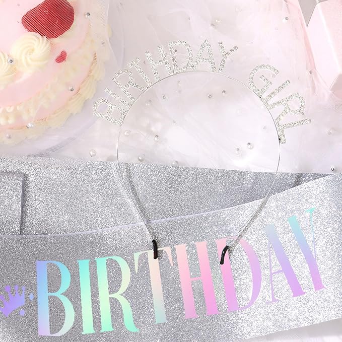 CAVETEE Birthday Girl Crown and Sash， Princess Tiara Happy Birthday Headband Party Accessories for Women and Girls