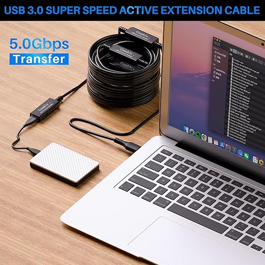 USB 3.0 Active Extension Cable 100 Feet, Long USB Type-A Male to Female Extender Cord, Built-in 3 Signal Booster Smart Chips, 5Gbps Transfer, Black USB Extension Cable with an AC Power Adapter (5V 2A)