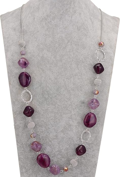 BULINLIN Beaded Long Necklace for Women Silver Sweater Chain Necklace with Crystal Resin Beads, Fashion Jewelry Necklace