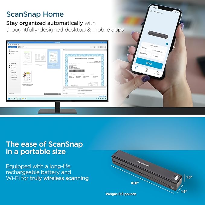 ScanSnap iX100 Wireless Mobile Portable Scanner for Mac or PC, Black