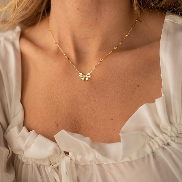 Valentines Day Gifts for Her - Dainty Bow Necklace for Women 14K Gold Plated Cute Choker Small Pendant Charm Necklaces Teen Gift Trendy Stuff Personalized Jewelry