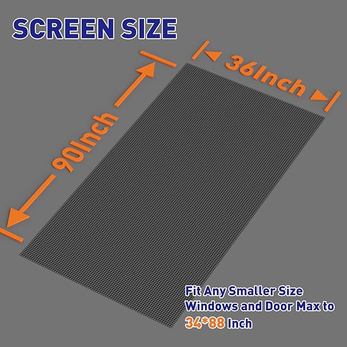 MAGZO Window Screen Replacement, 36"W x 90"L Sturdy Screen for Windows and Adjustable Door DIY Window Screen Roll French Patio Entry Porch Sliding Door Screen Mesh Curtain Net Wire Black