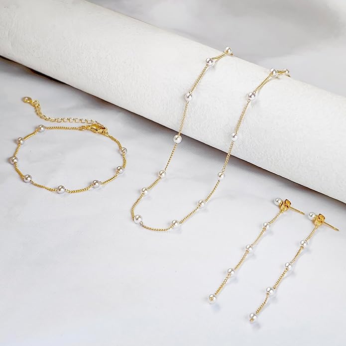 Zeffy Gold Pearl Necklace for Women, Dainty 14K Gold/Silve Plated Layered Pearl Choker Pearl Earrings Pearl Bracelets Wedding Trendy Gold Jewelry Set for Women Gifts