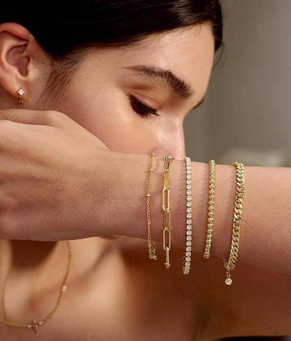 DEARMAY Dainty Silver Plated Bracelets for Women Trendy, Silver Jewelry Set for Women Bracelets for Women Paperclip Box Herringbone Figaro Rope Chain Bracelet Fashion Pack Gifts for Women