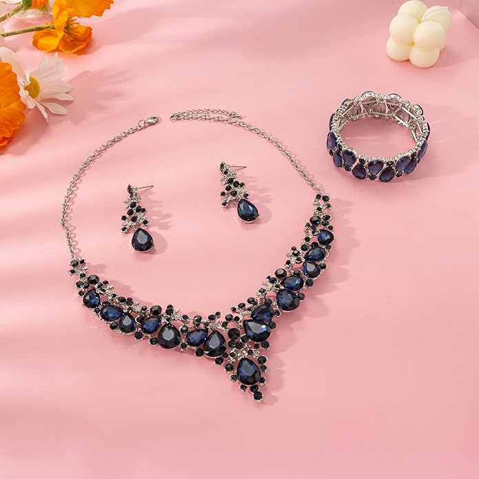 Elegant Bridal Wedding Jewelry Set for Women/Brides/Bridesmaids Teardrop Crystal Leaf Cluster Jewelry Set for Wedding Prom Party Bridal Bridesmaids Rhinestone Crystal Necklace Earrings Bracelet Set