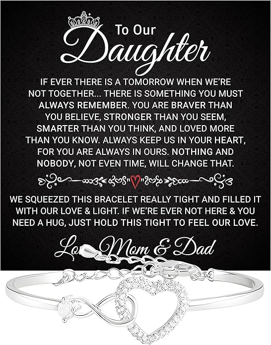 Daughter Infinity Heart Bracelet, Daughter Jewelry Gift From Mom or Dad with Message Card and Box Meaning