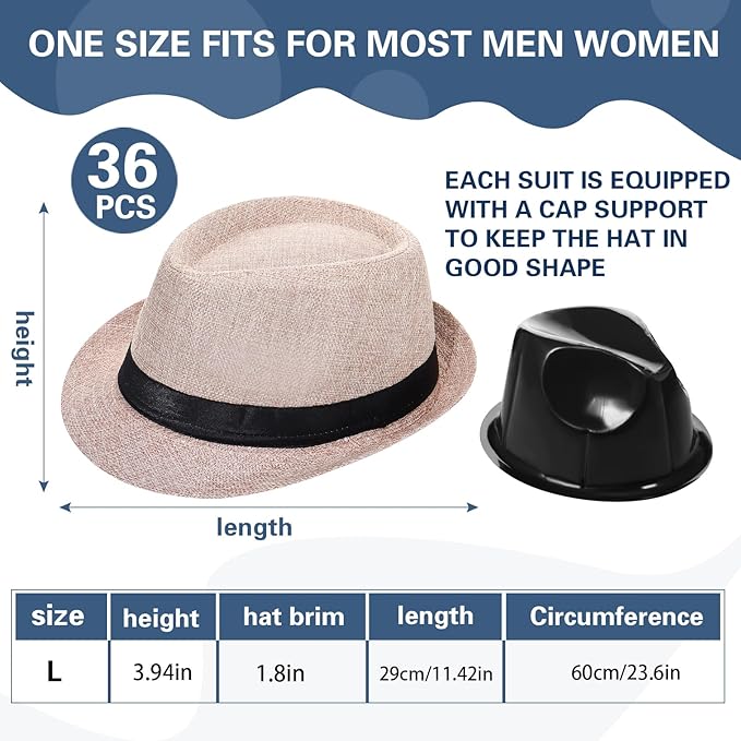 Suhine 36 Pcs Halloween Men Fedora Style Hat Bulk 20s Straw Short Brim Panama Women Party Costume, Circumference 60 cm